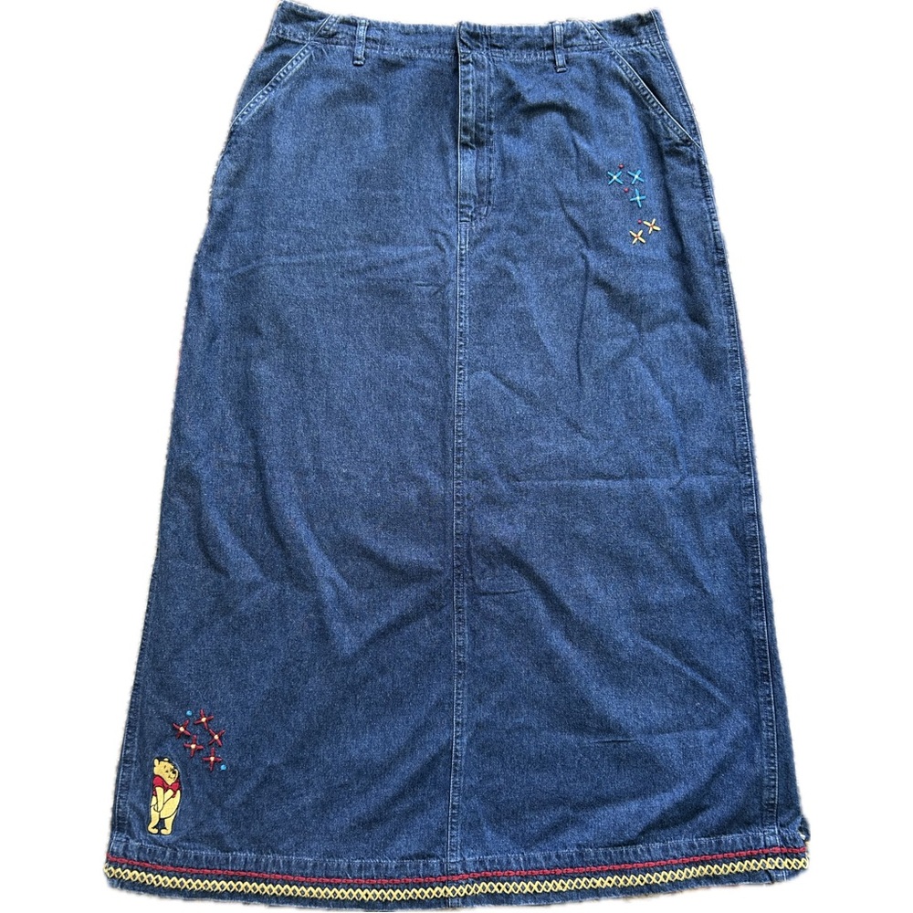 VTG Disney Pooh Blue Denim Maxi Skirt with Embroidery Large